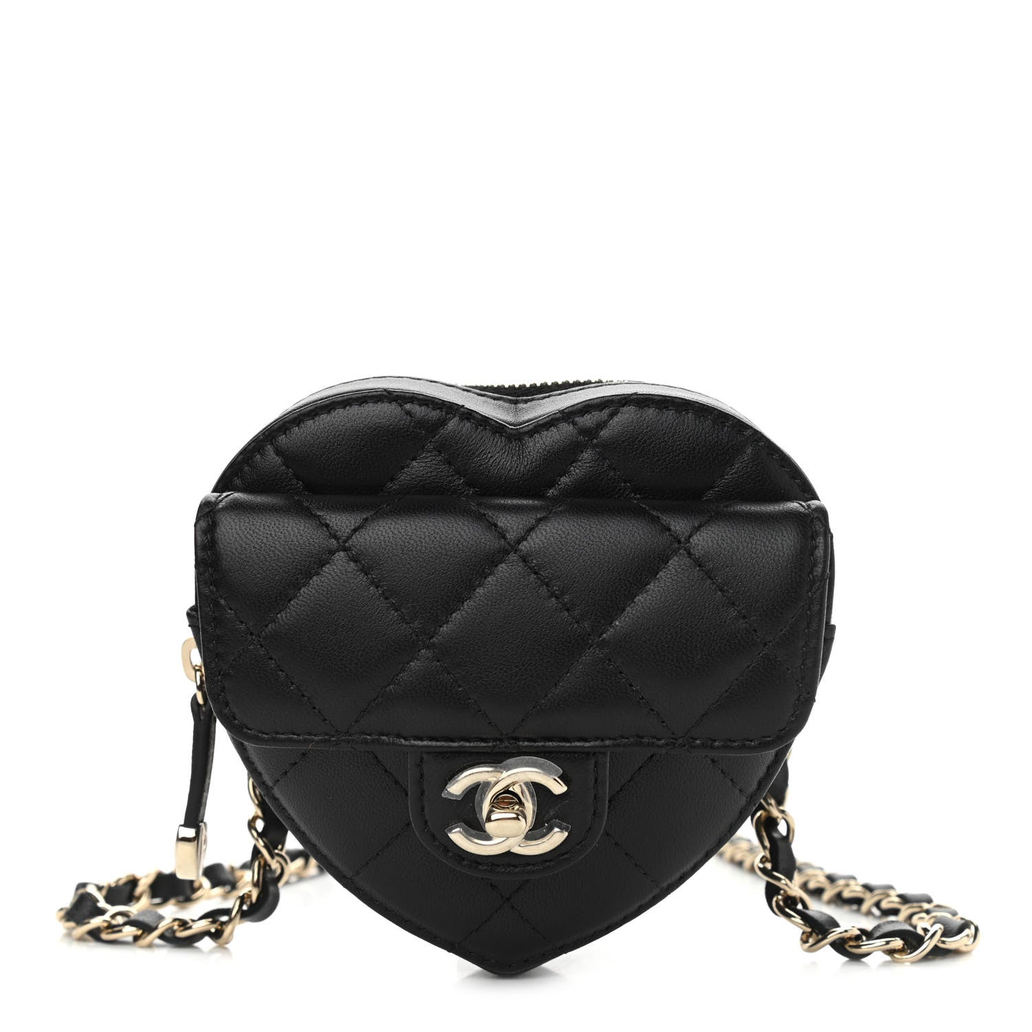 Chanel Lambskin Quilted CC In Love Heart Waist Belt Bag With Chain Black 1 of 10