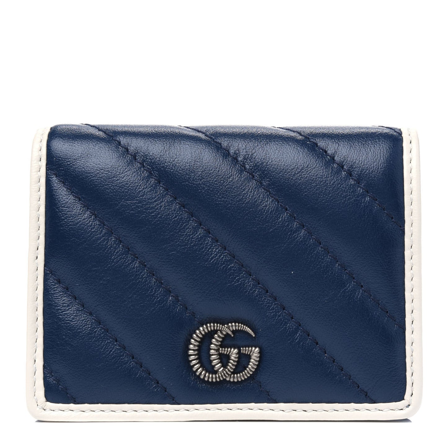 Vintage Effect Calfskin Matelasse Diagonal Torchon GG Marmont Card Case Wallet Blue Agata Mystic White