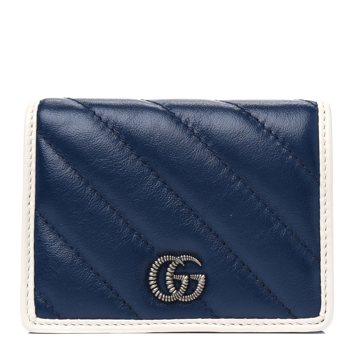 Gucci Vintage Effect Calfskin Matelasse Diagonal Torchon GG Marmont Card Case Wallet Blue Agata Mystic White 1 of 5