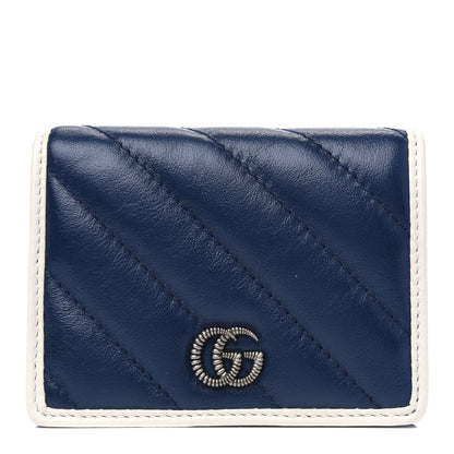 Gucci Vintage Effect Calfskin Matelasse Diagonal Torchon GG Marmont Card Case Wallet Blue Agata Mystic White 1 of 5