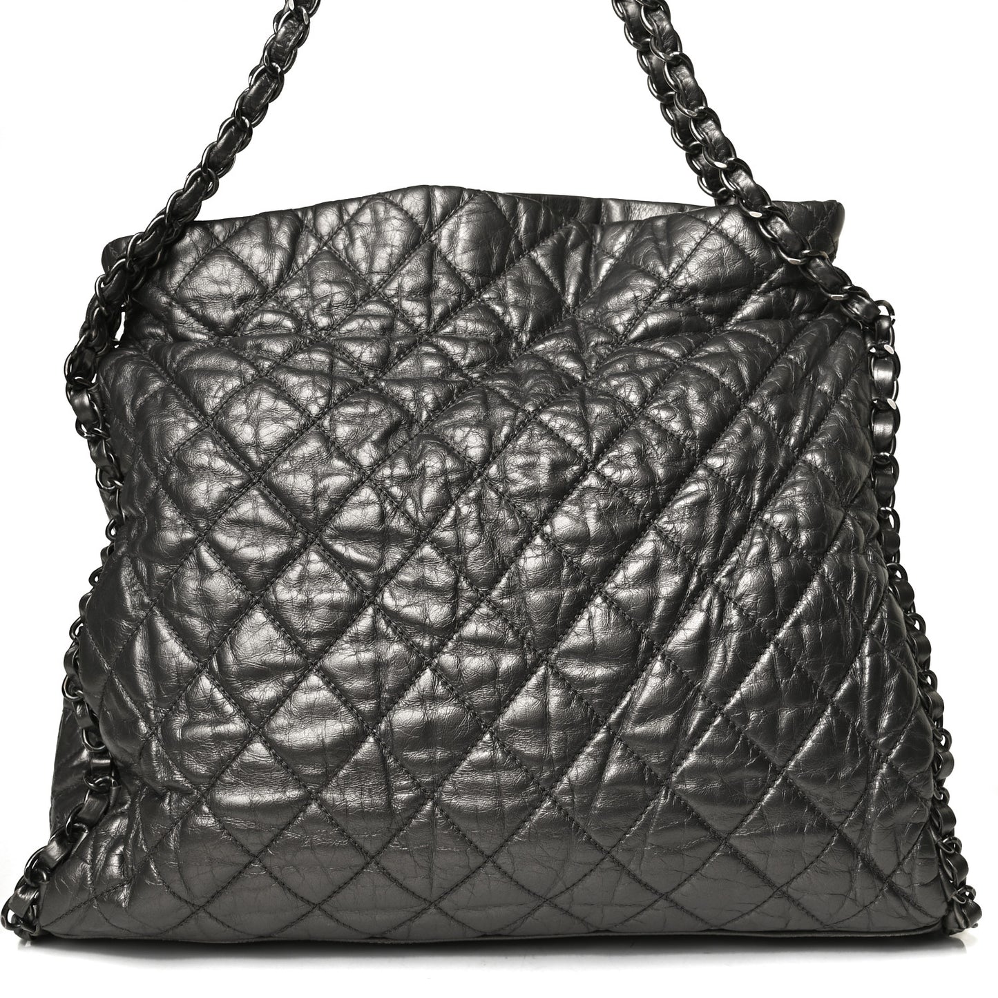 Metallic Calfskin Quilted Medium Chain Me Hobo Dark Silver