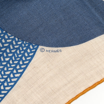 Hermes Cashmere Silk Mon Premier Galop Shawl 140 Naturel Bleu Corail 5 of 5