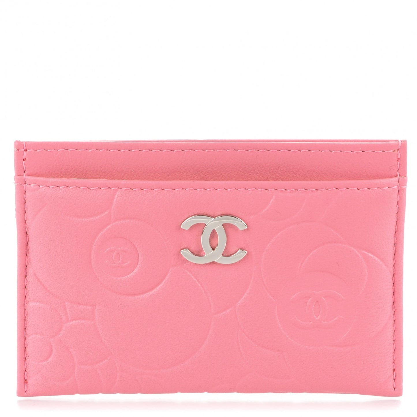 Lambskin Camellia Embossed Card Holder Pink