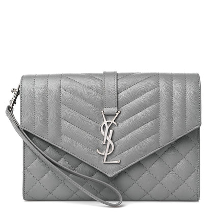 Saint Laurent Grain De Poudre Textured Mixed Matelasse Triquilt Monogram Clutch Storm 1 of 10