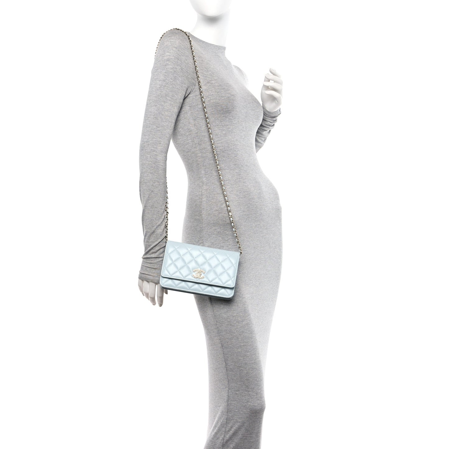 Lambskin Quilted Pearl CC Wallet on Chain WOC Light Blue