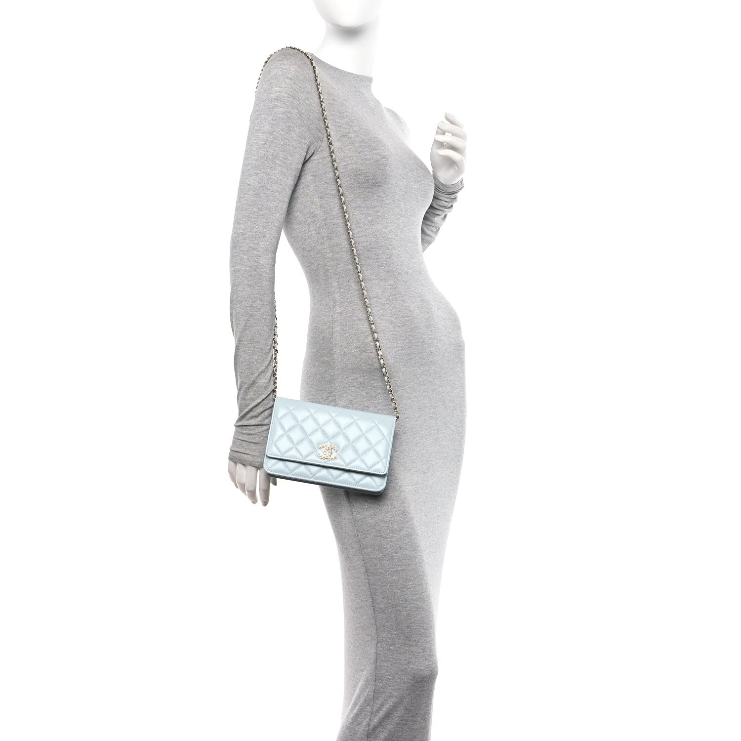 Chanel Lambskin Quilted Pearl CC Wallet on Chain WOC Light Blue 2 of 11