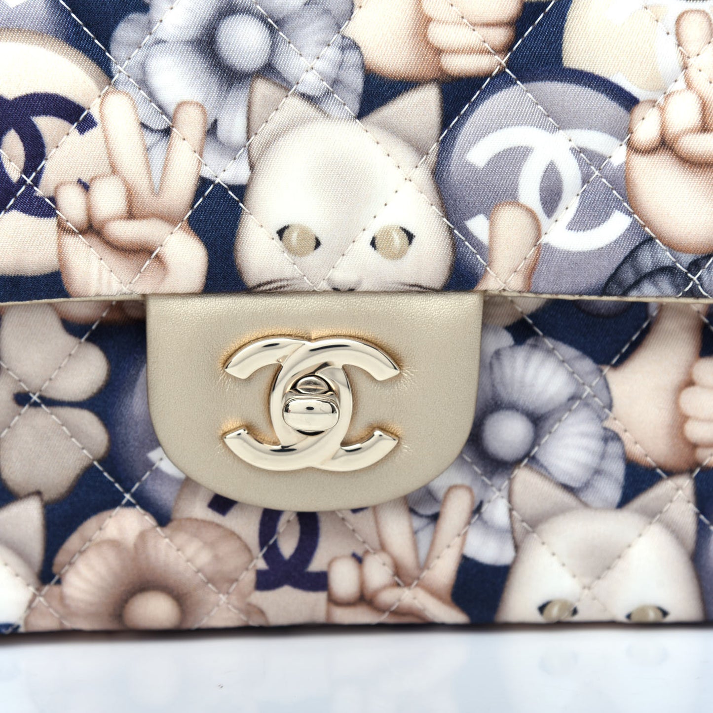 Nylon Quilted Medium Cat Emoticon Double Flap Navy Gold