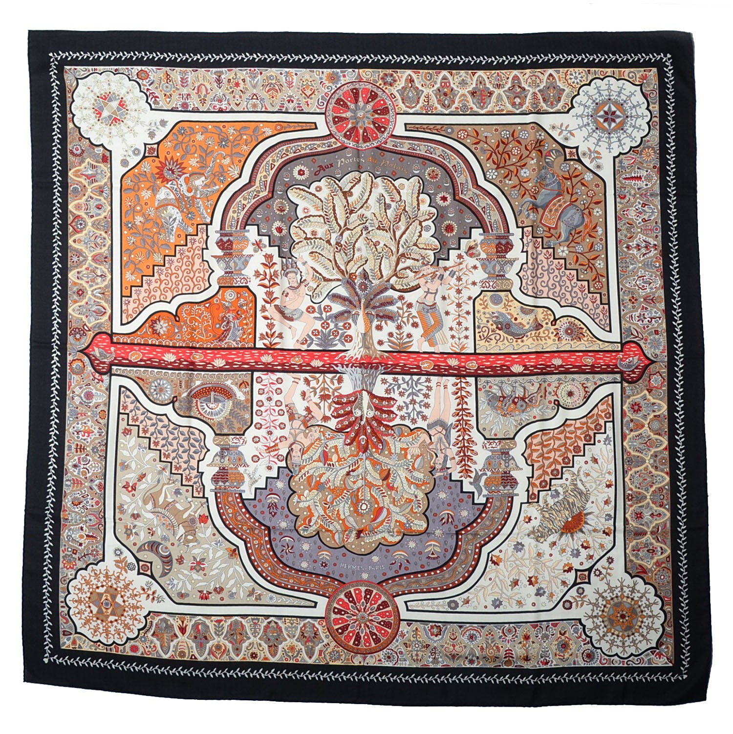 Hermes Cashmere Silk Aux Portes Du Palais Shawl 140 Noir Beige Rouge 3 of 7