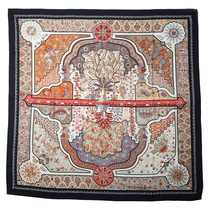 Hermes Cashmere Silk Aux Portes Du Palais Shawl 140 Noir Beige Rouge 3 of 7