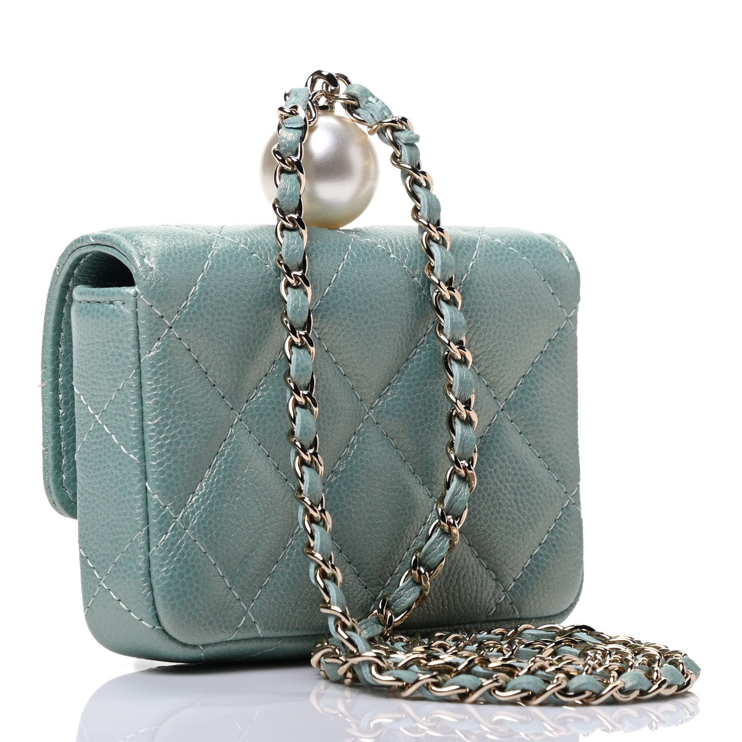 Chanel Iridescent Caviar Quilted Pearl Card Holder On Chain Green 2 of 3