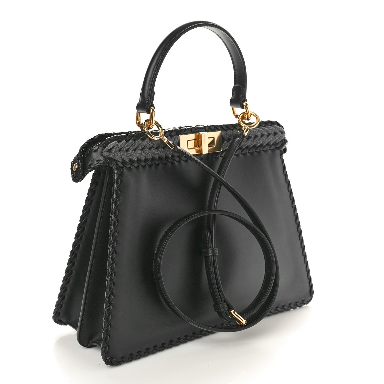 Fendi Vitello Shiny Nappa Woven Medium Peekaboo I SEE U Satchel Carbone Slate 4 of 10