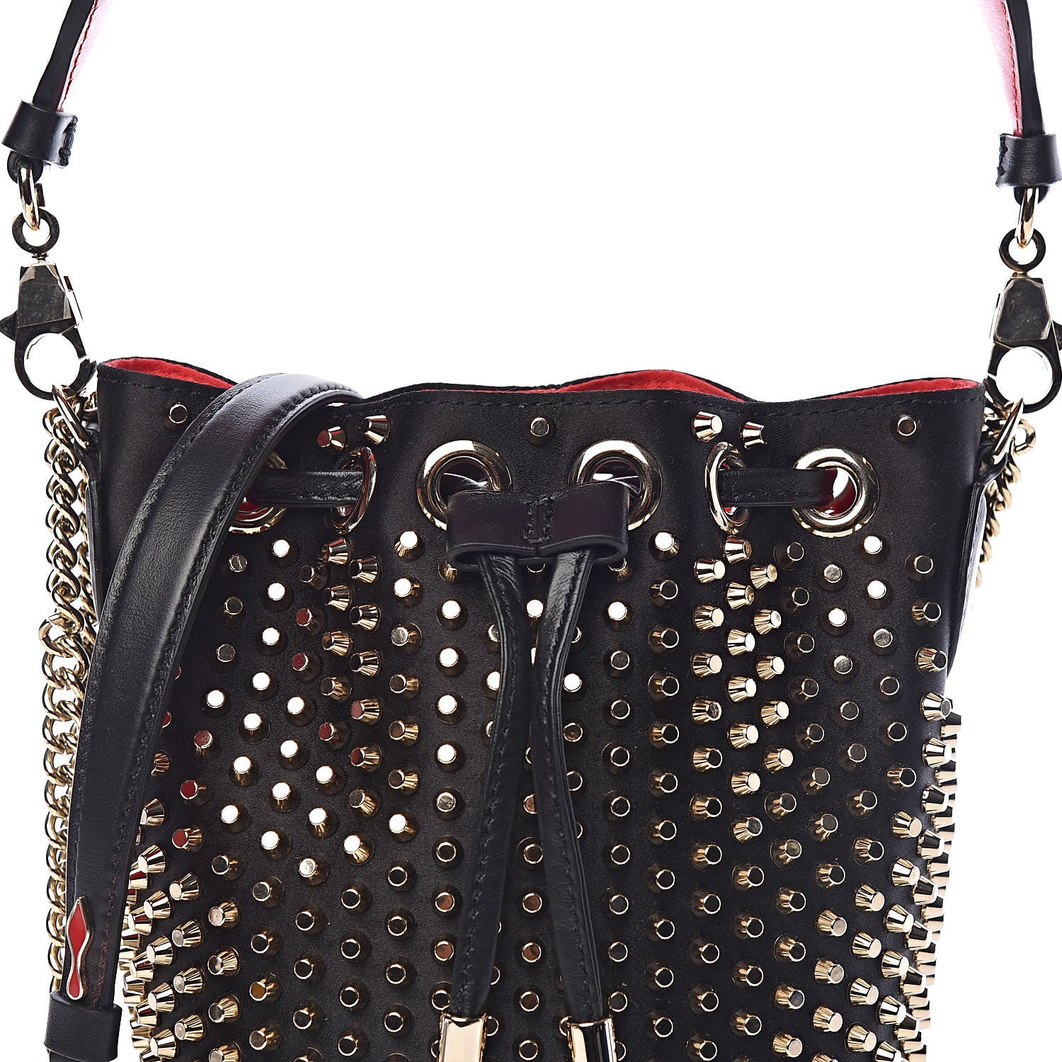Christian Louboutin Silk Satin Calfskin Marie Jane Loubirun Studded Bucket Black Gold Platine 11 of 11