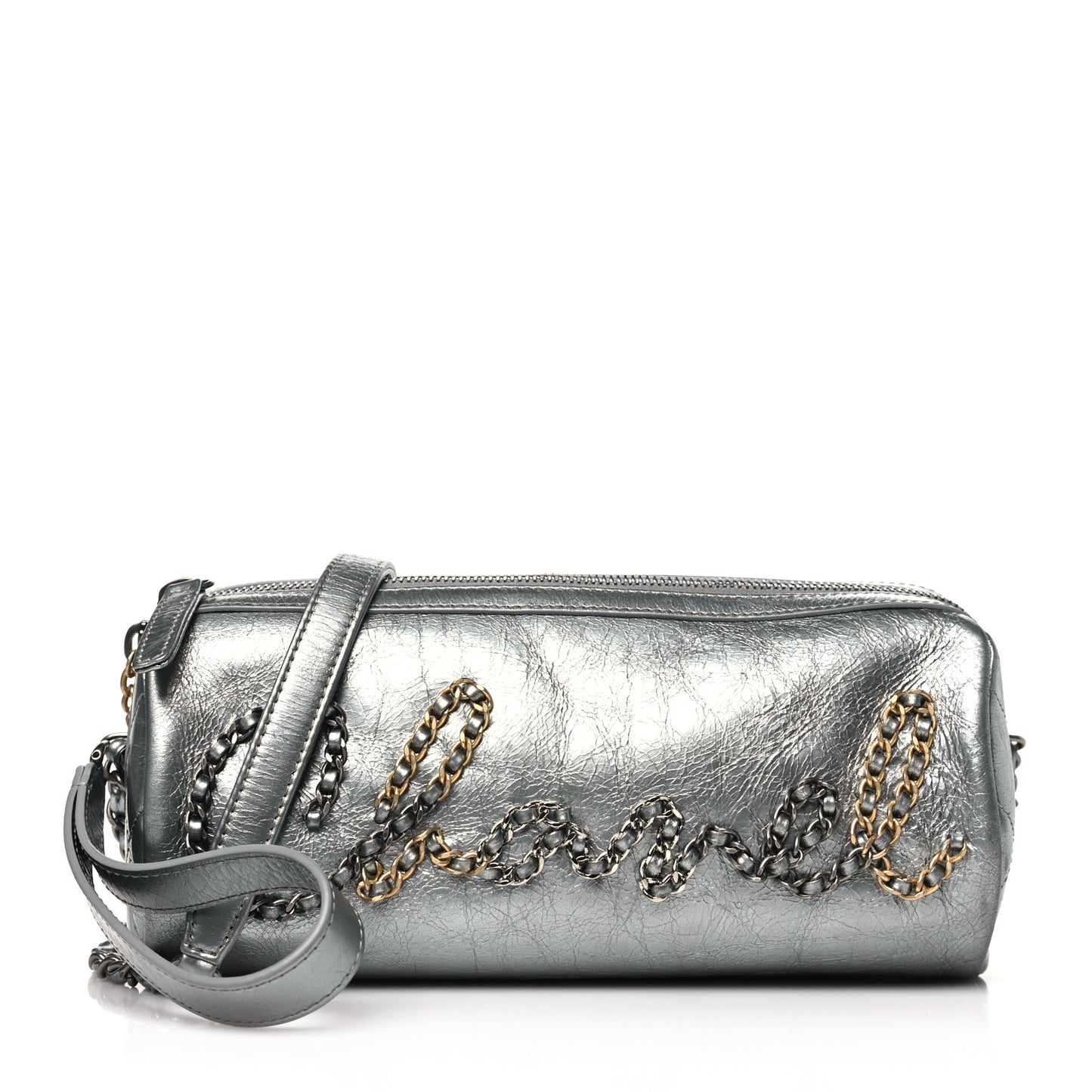 Metallic Crumpled Calfskin Chain 20s Signature Bowling Bag Silver