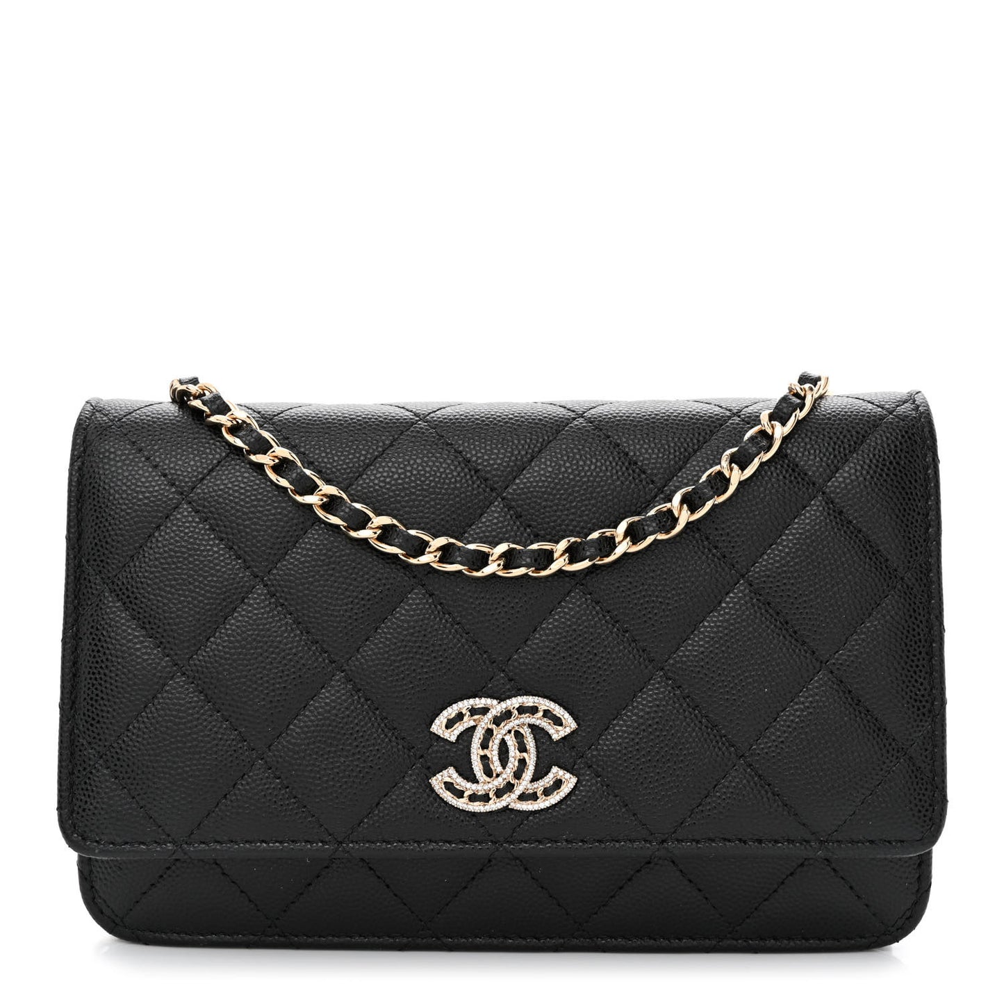 Caviar Quilted Crystal CC Wallet On Chain WOC Black