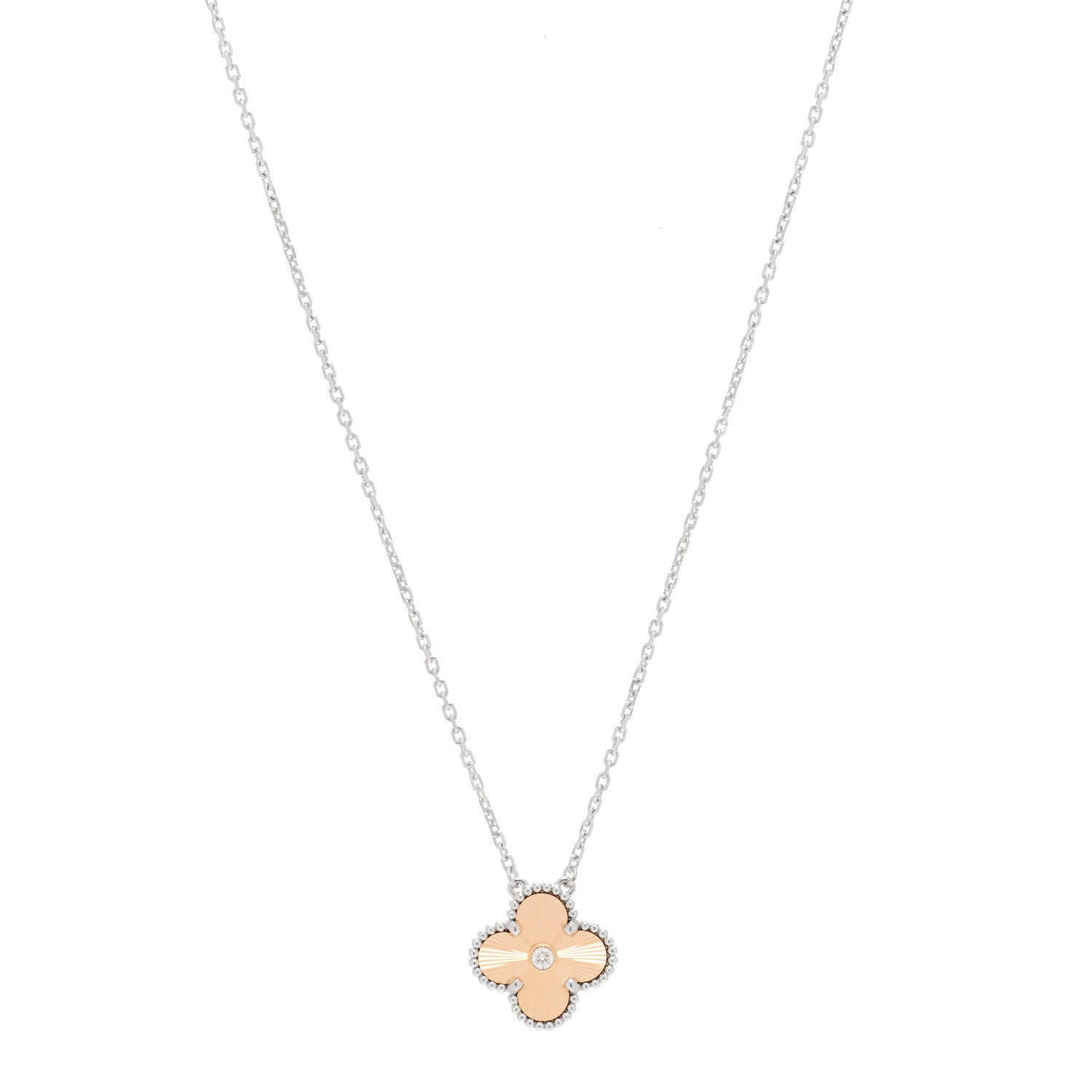 Van Cleef & Arpels 18K White Rose Gold Diamond Guilloche Vintage Alhambra Pendant Necklace 1 of 6