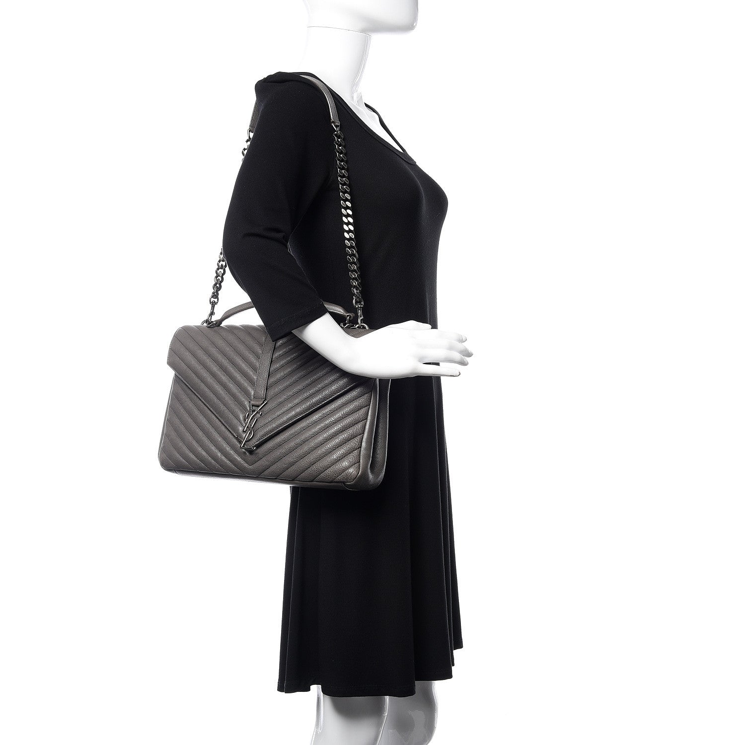 Saint Laurent Sheepskin Matelasse Chevron Monogram Large College Satchel Light Coal 2 of 12