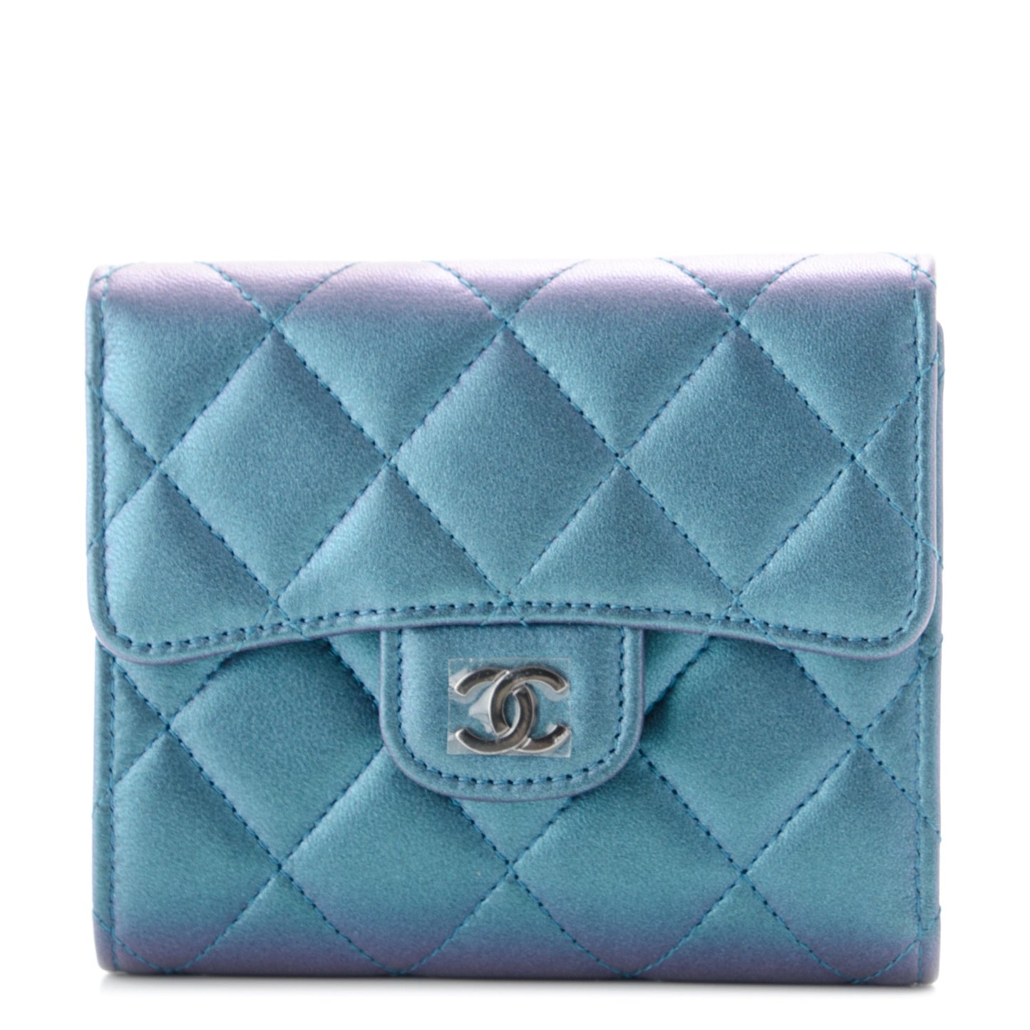 Metallic Lambskin Quilted Compact Flap Wallet Turquoise