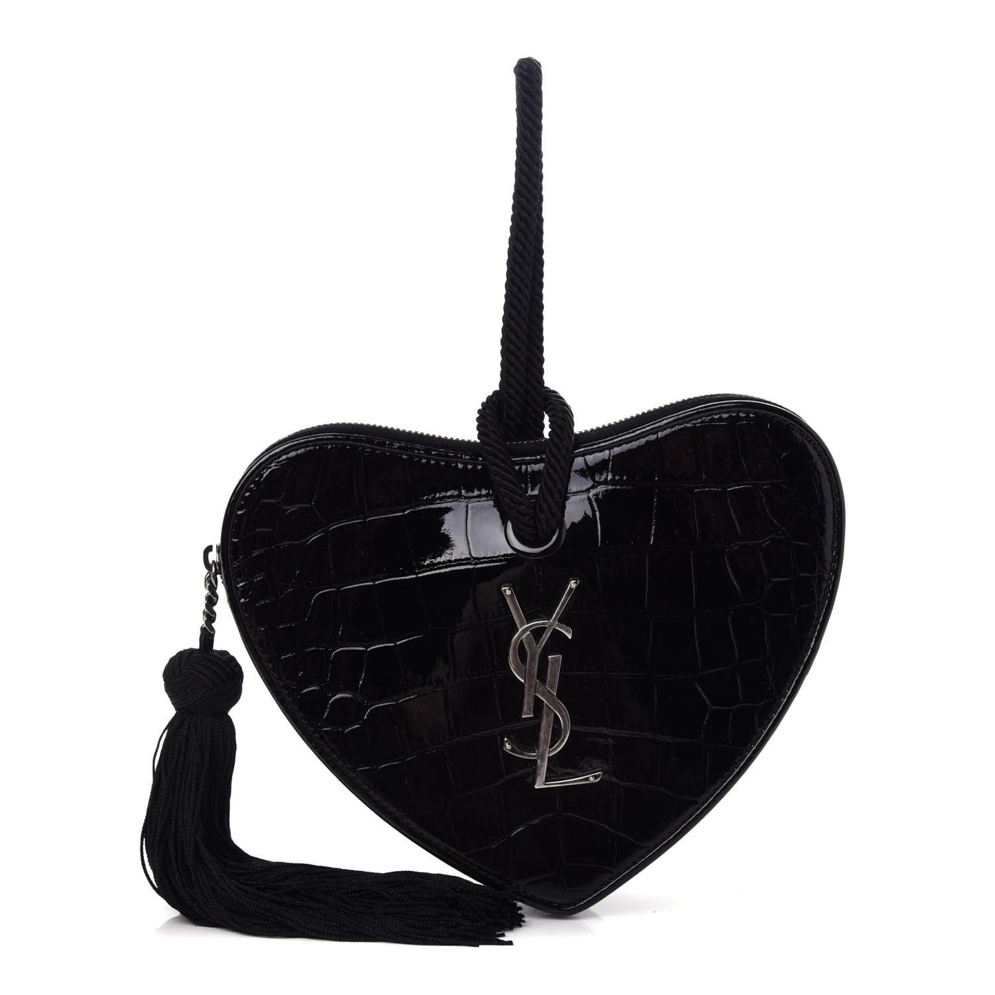 Patent Crocodile Embossed Sac Coeur Heart Shaped Clutch Black