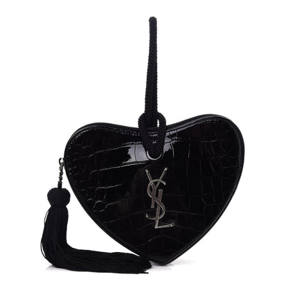 Saint Laurent Patent Crocodile Embossed Sac Coeur Heart Shaped Clutch Black 1 of 8
