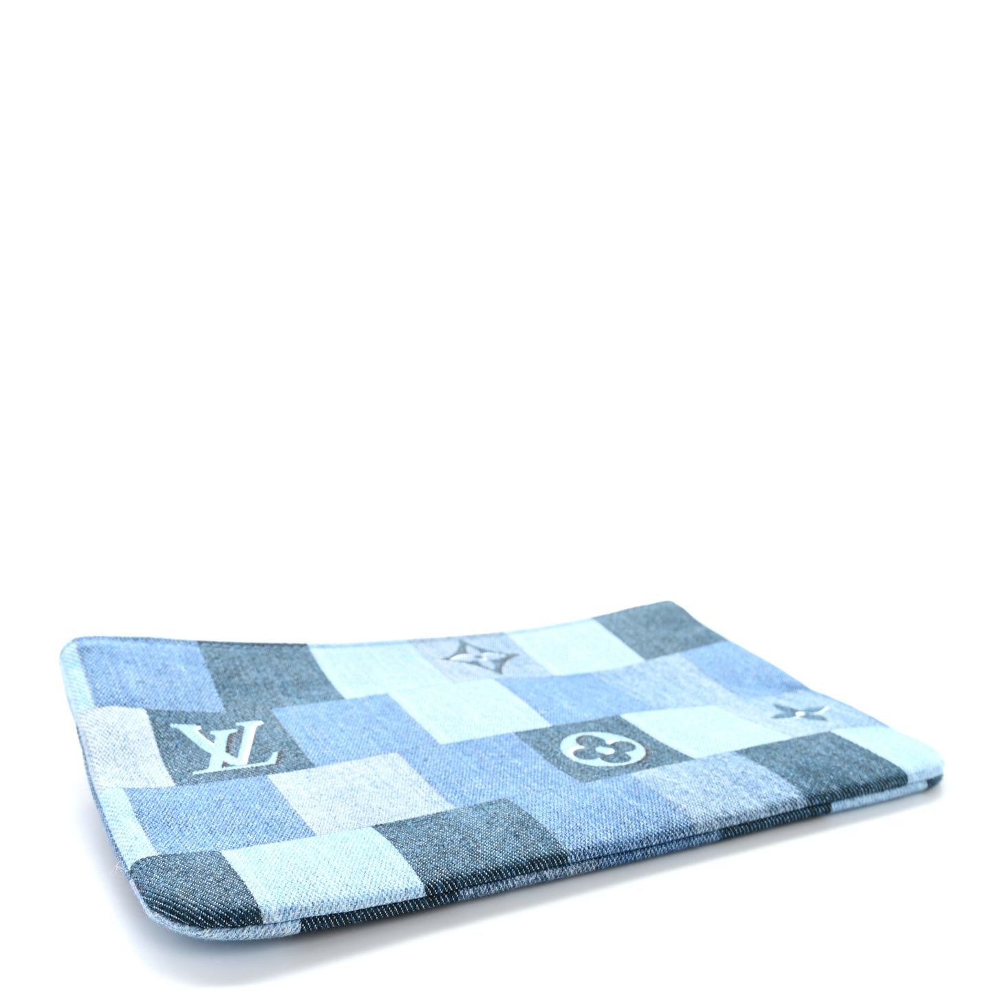 Denim Damier Monogram Patchwork Neverfull MM Pochette Blue Rouge