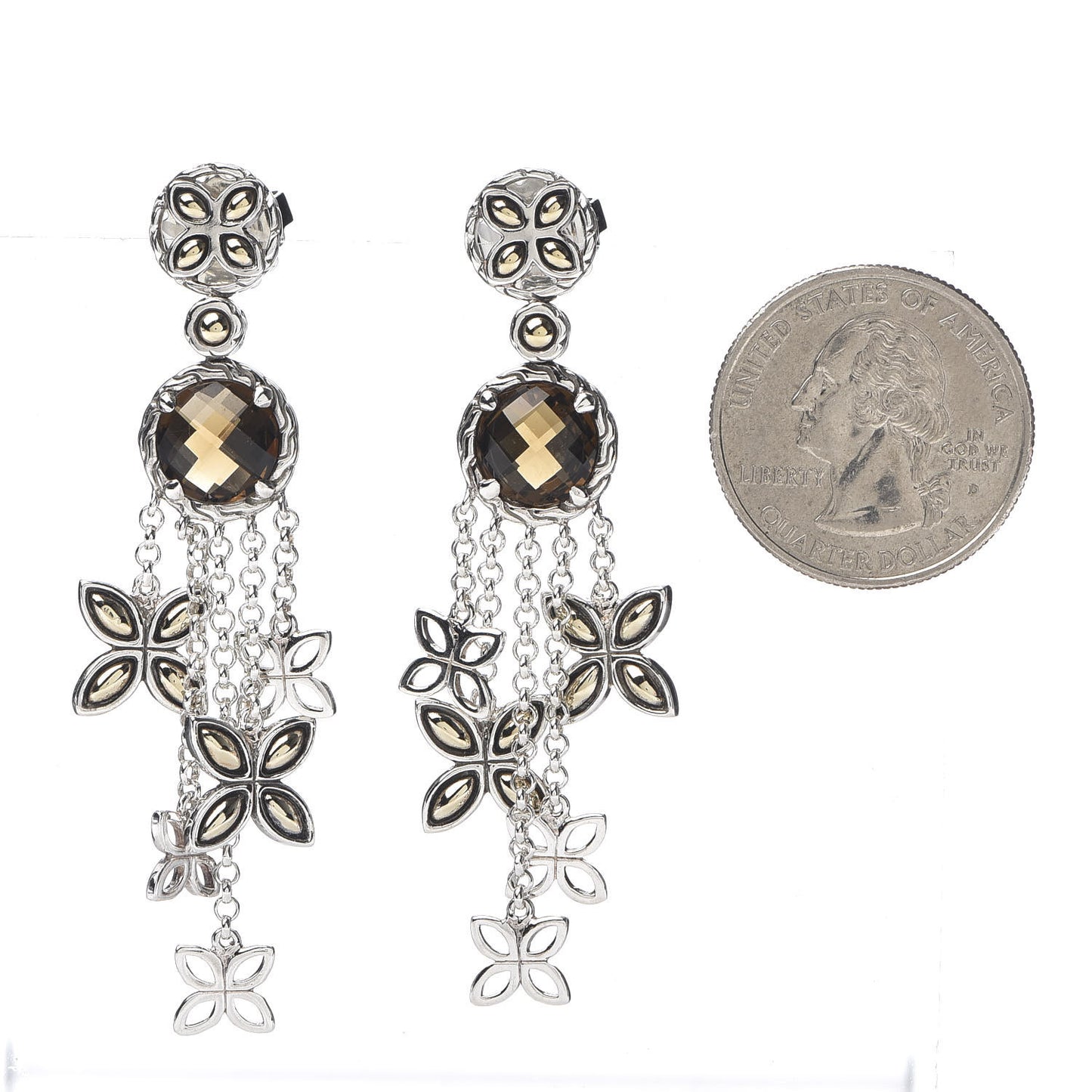 Sterling Silver 18K Yellow Gold Cognac Quartz Batu Kawung Chandelier Earrings