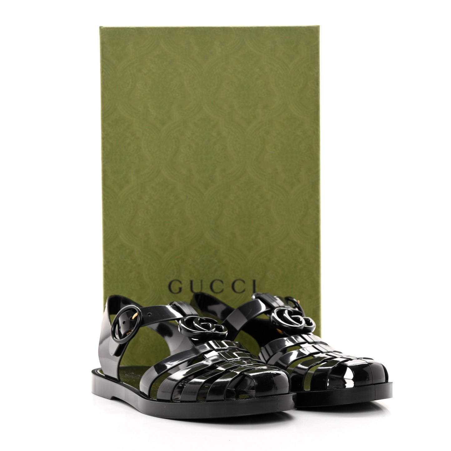 Shiny Rubber Double G Buckle Strap Sandals 36 Black