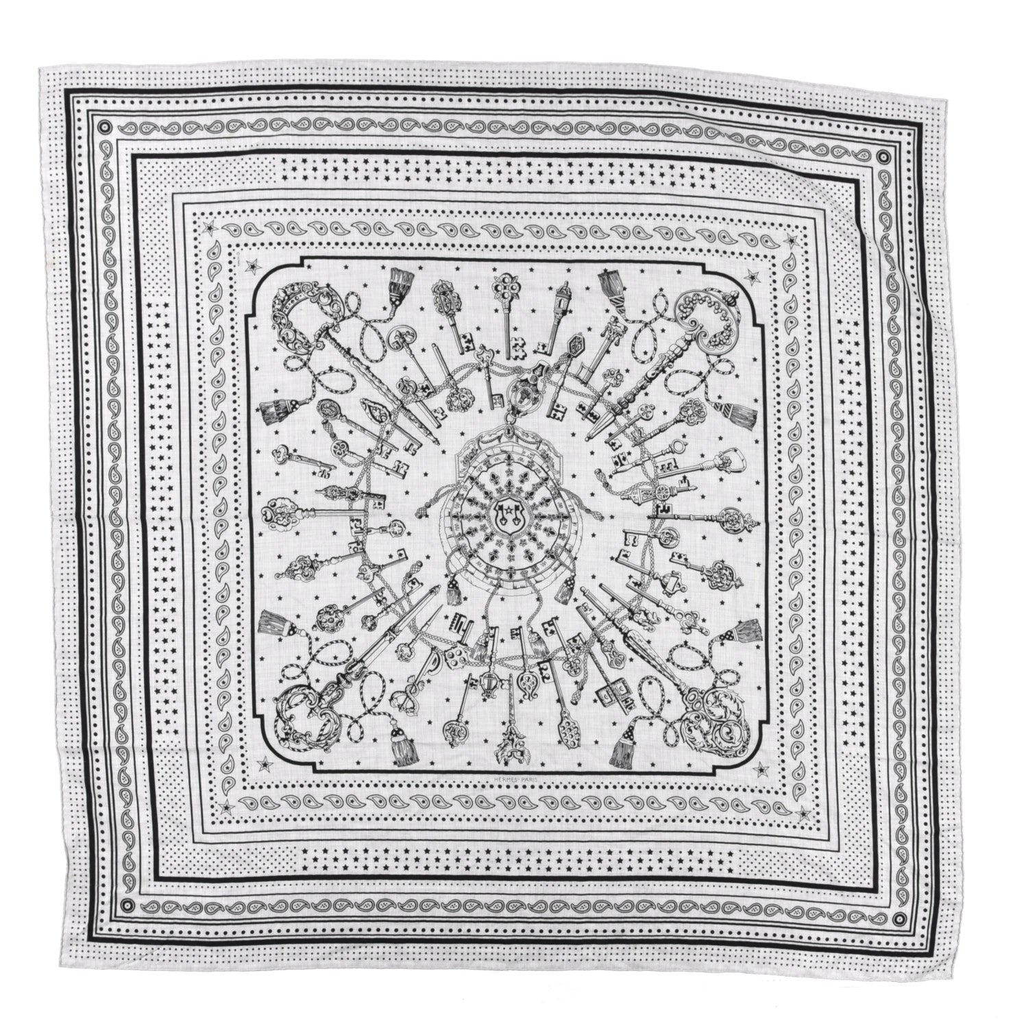 Hermes Cashmere Silk Les Cles Bandana Shawl 140 Gris Chine Black 1 of 4