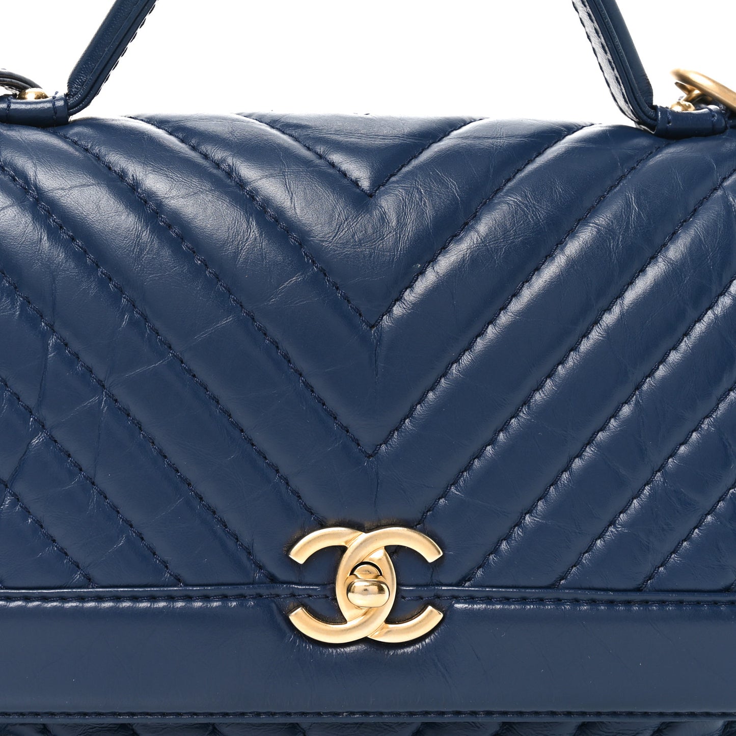 Calfskin Chevron Quilted Top Handle Flap Navy