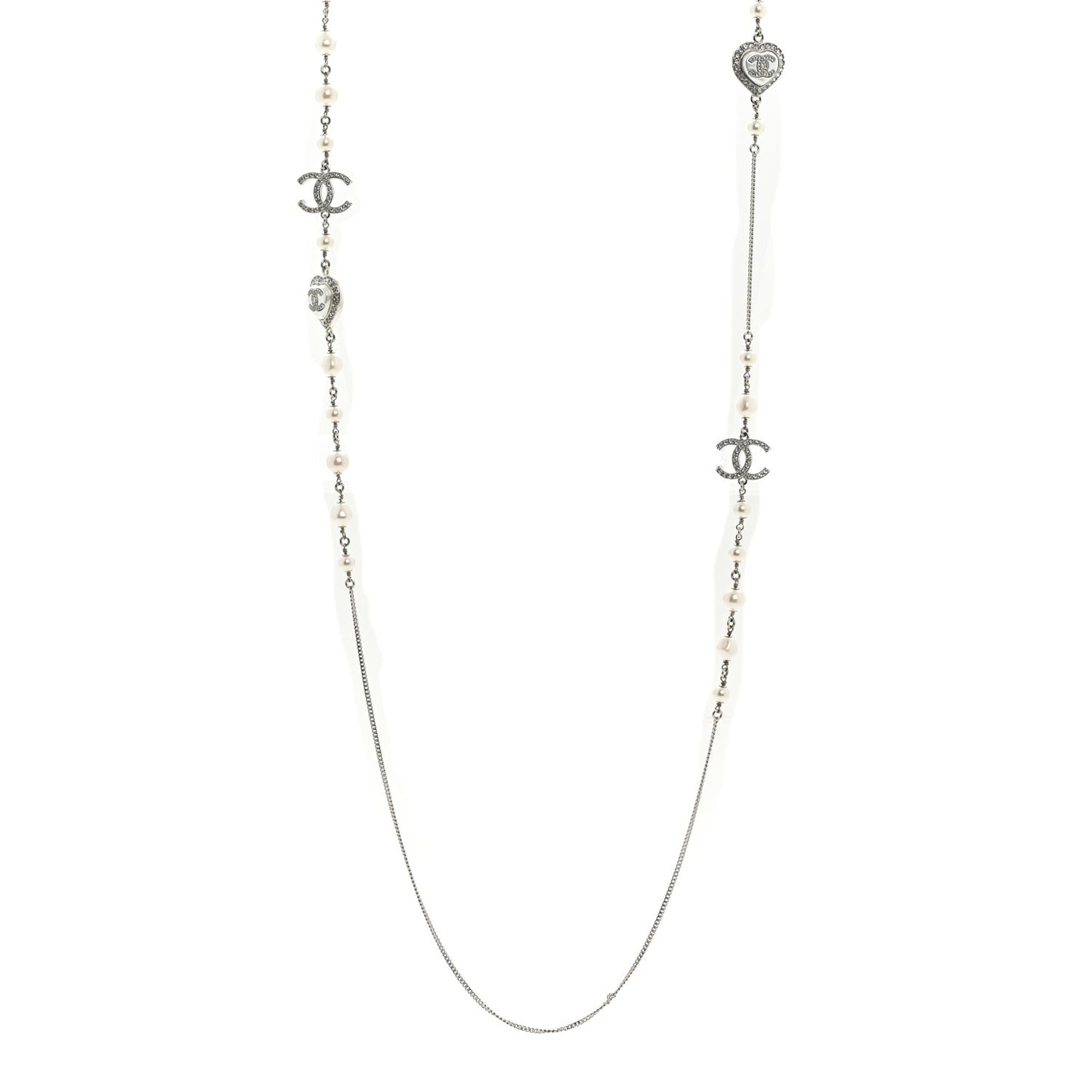 Crystal Pearl CC Heart Long Necklace Silver