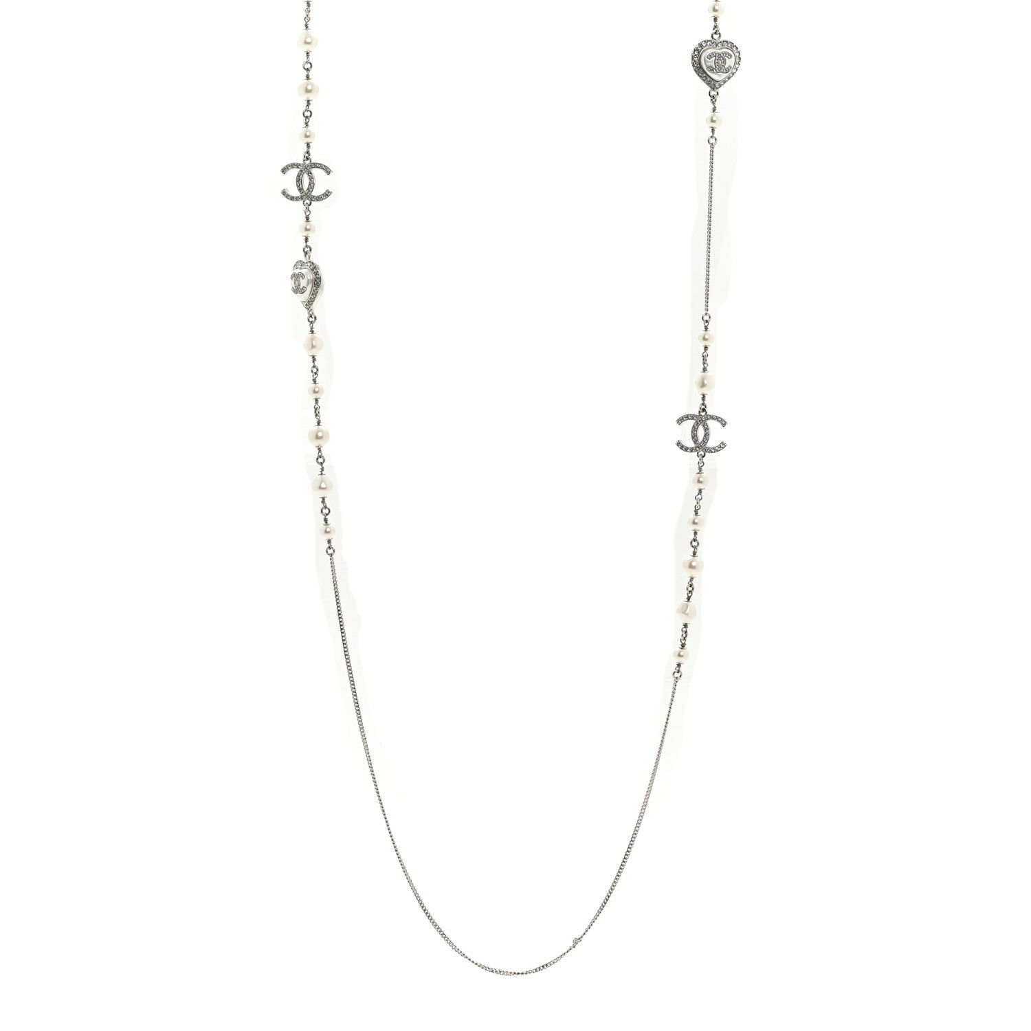 Chanel Crystal Pearl CC Heart Long Necklace Silver 1 of 5