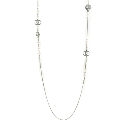 Chanel Crystal Pearl CC Heart Long Necklace Silver 1 of 5