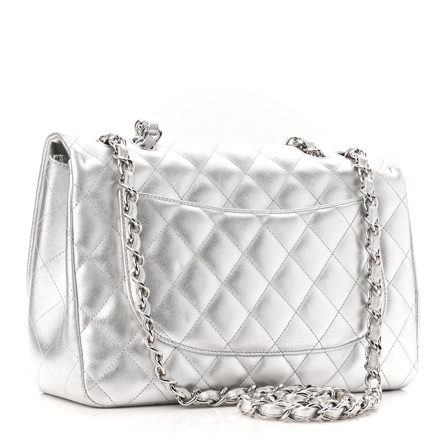 Metallic Lambskin Quilted Jumbo Single Flap Silver