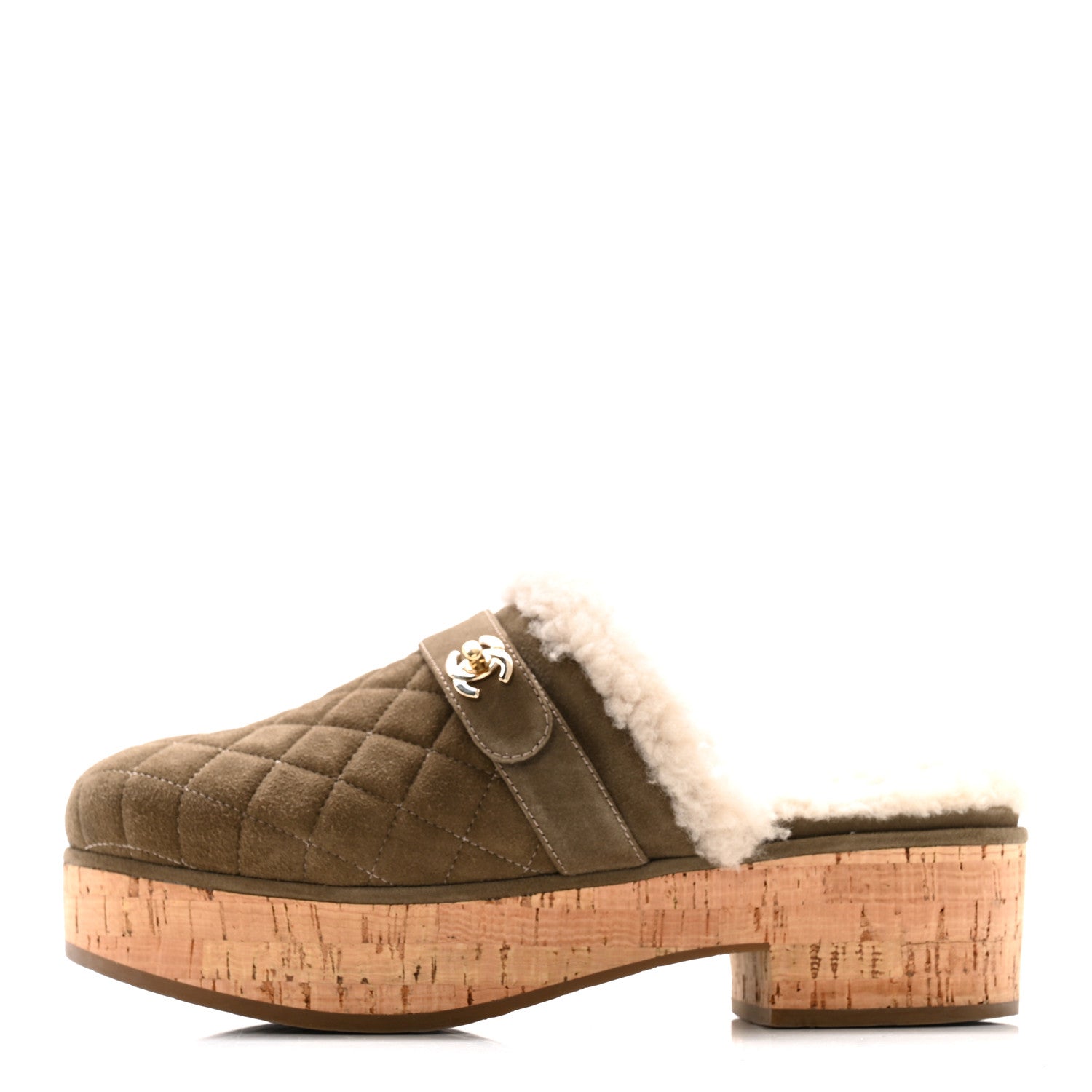 Chanel Suede Calfskin Shearling Turn Lock Clogs 38 Green 1 of 13