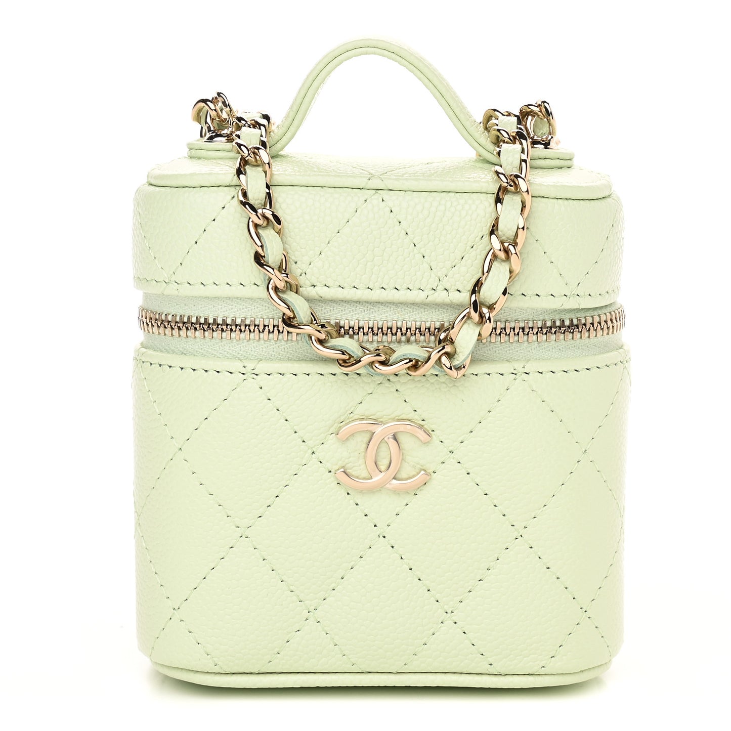 Caviar Quilted Small Handle With Care Vanity Case With Chain Light Green