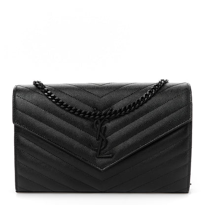 Saint Laurent Grain De Poudre Matelasse Chevron Monogram Monochrome Chain Wallet Black 1 of 9