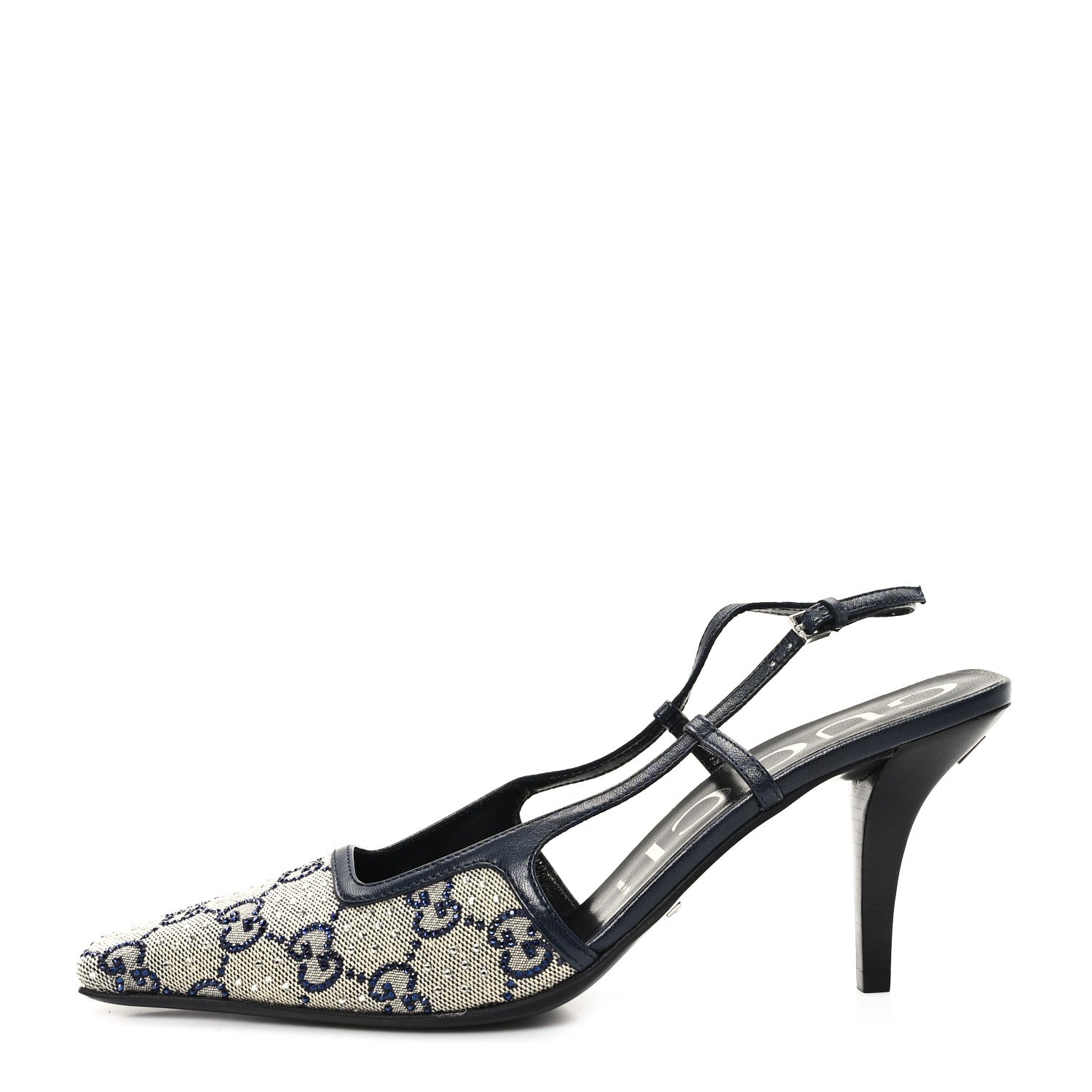 Gucci GG Monogram Malaga Kid Crystal Square G 75mm Slingback Pumps 38 Beige Blue 1 of 9