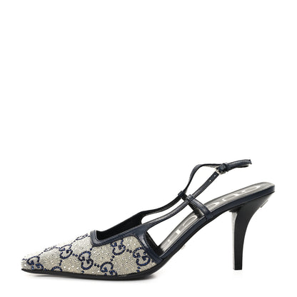 Gucci GG Monogram Malaga Kid Crystal Square G 75mm Slingback Pumps 38 Beige Blue 1 of 9
