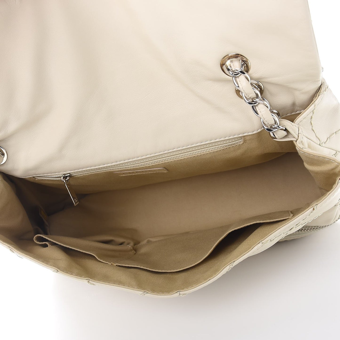 Calfskin Stitched Large Expandable Flap Bag White