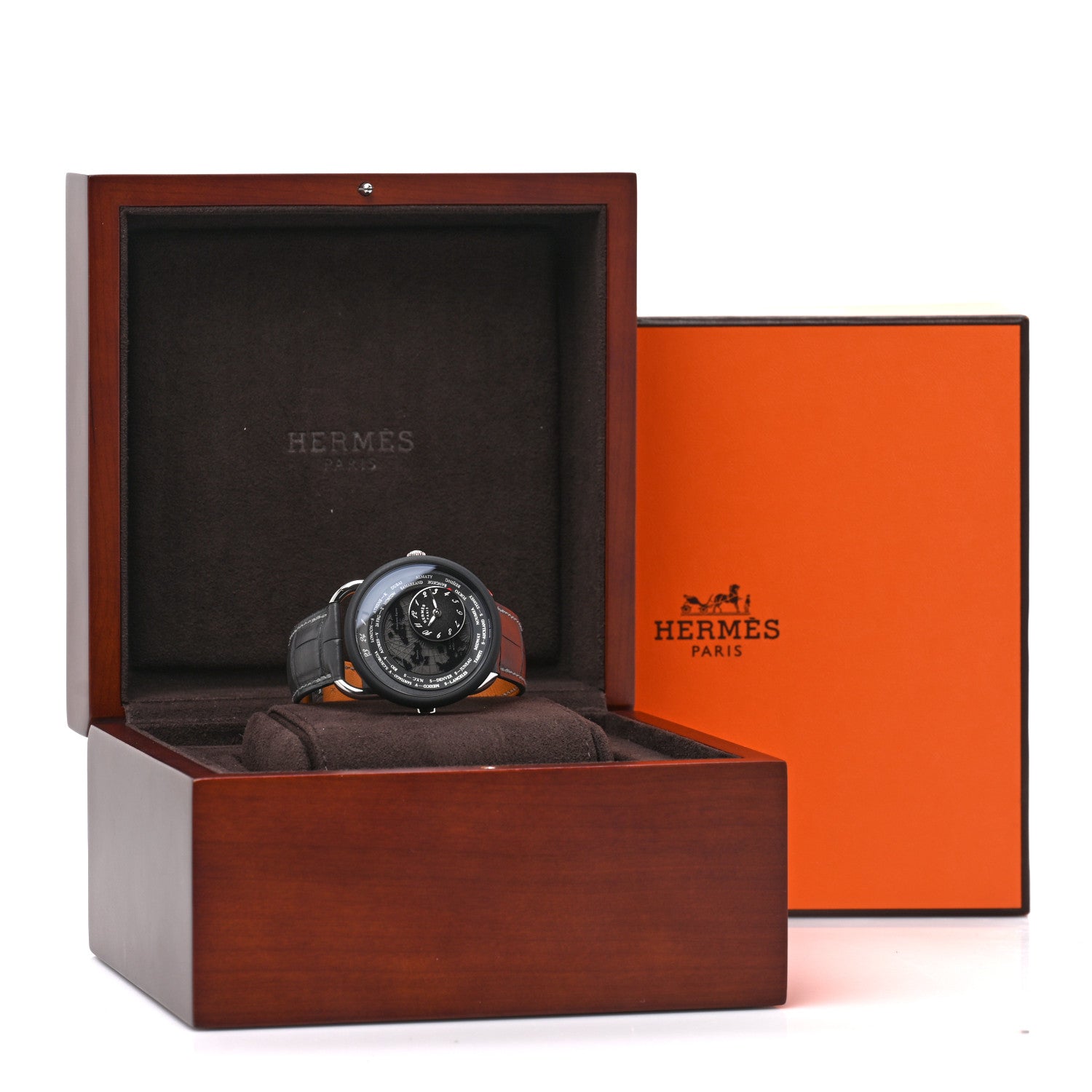 Hermes Platinum Titanium Alligator 43mm Arceau Le Temps Voyageur