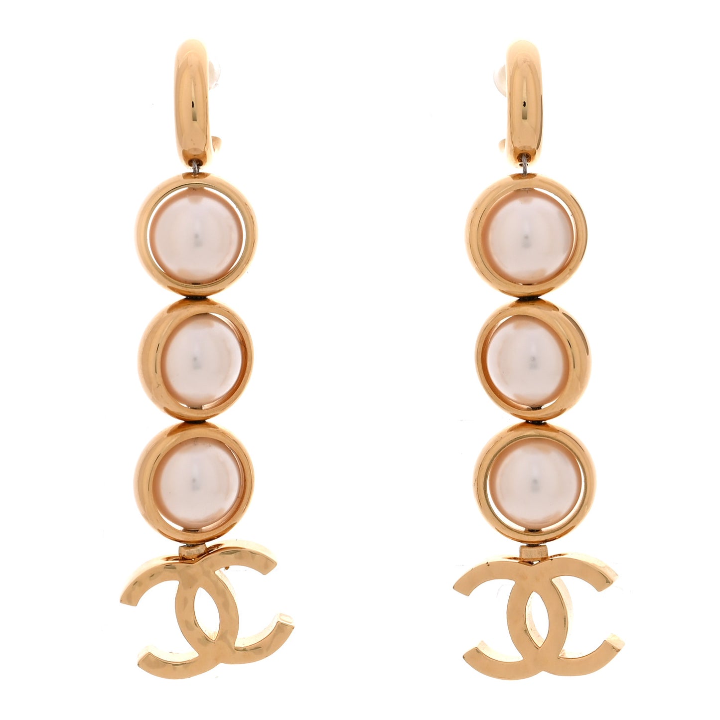 Metal Pearl CC Logo Drop Earrings White Gold