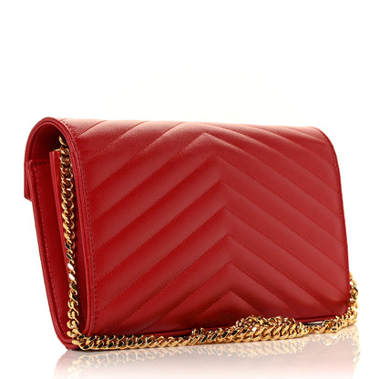 Saint Laurent Grain De Poudre Matelasse Chevron Monogram Chain Wallet Red 3 of 8