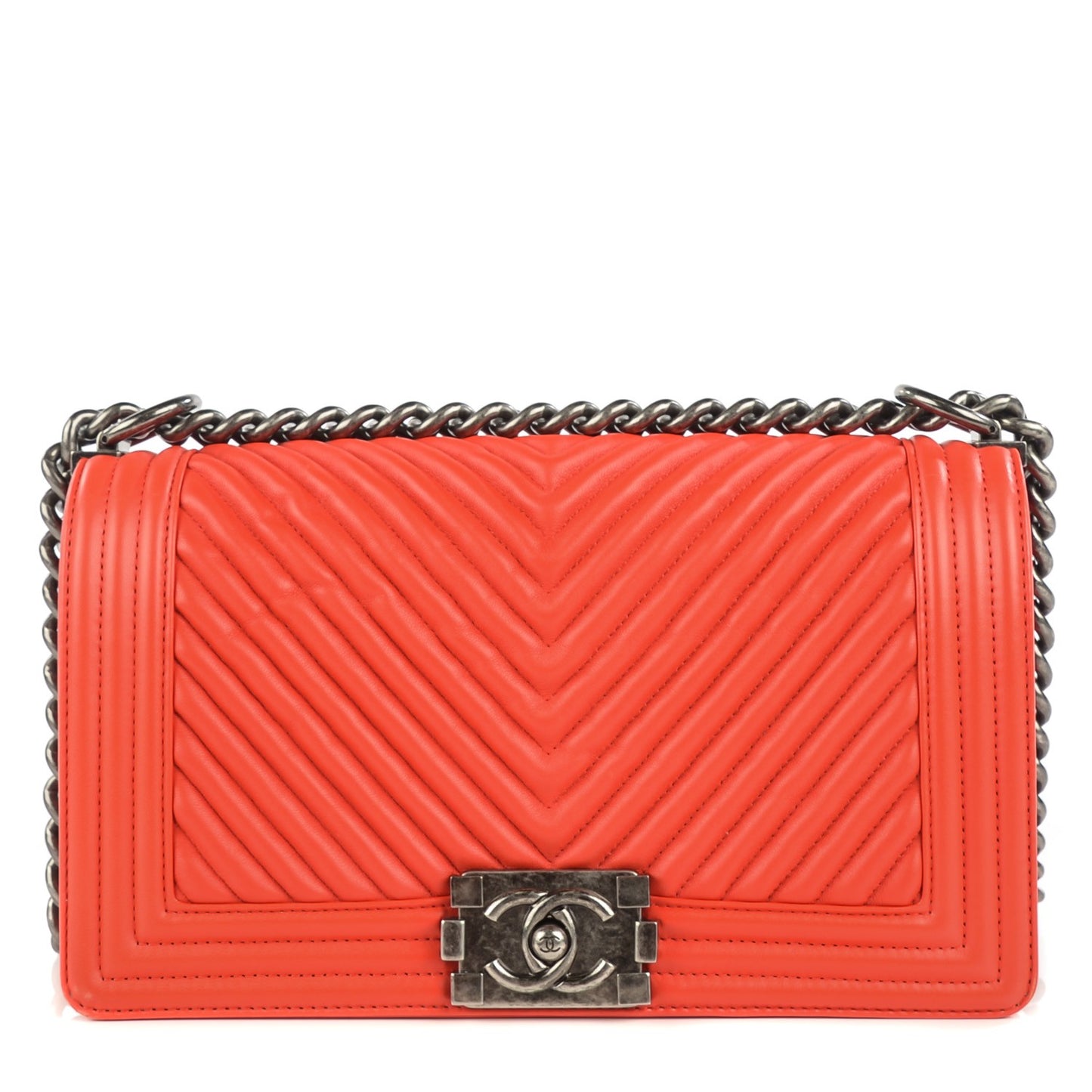 Wrinkled Lambskin Chevron Quilted Medium Boy Flap Orange