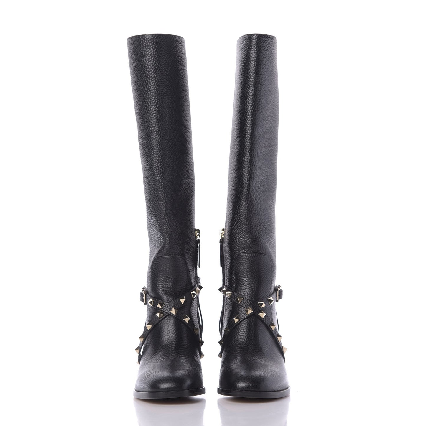 Pebbled Calfskin Rockstud Knee High Block Heel 60mm Boots 36.5 Black