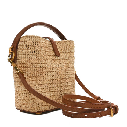 Saint Laurent Raffia Vegetable Tanned Calfskin Le 37 Mini Bucket Bag Natural Brick 3 of 10