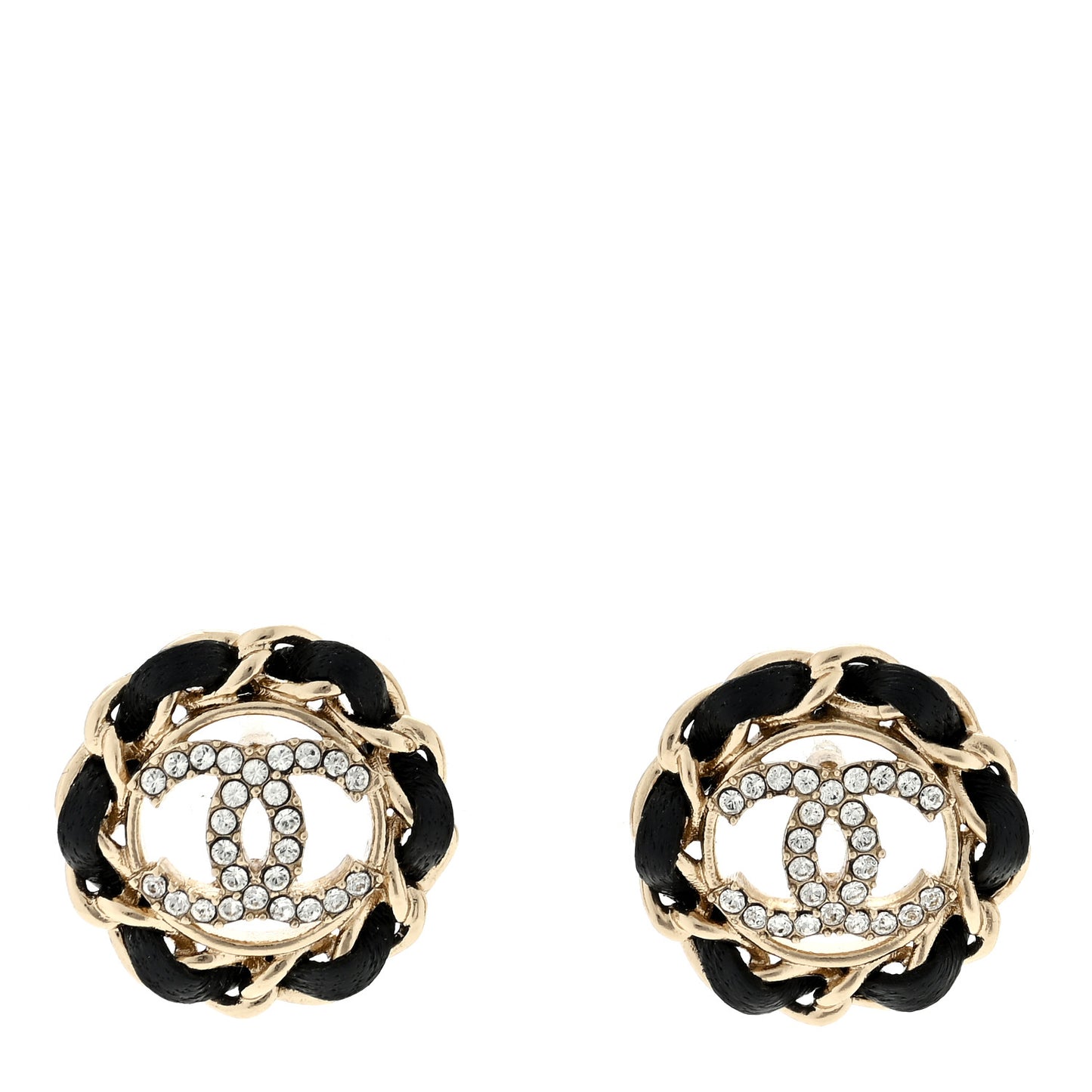 Crystal Lambskin Chain CC Stud Earrings Black Gold