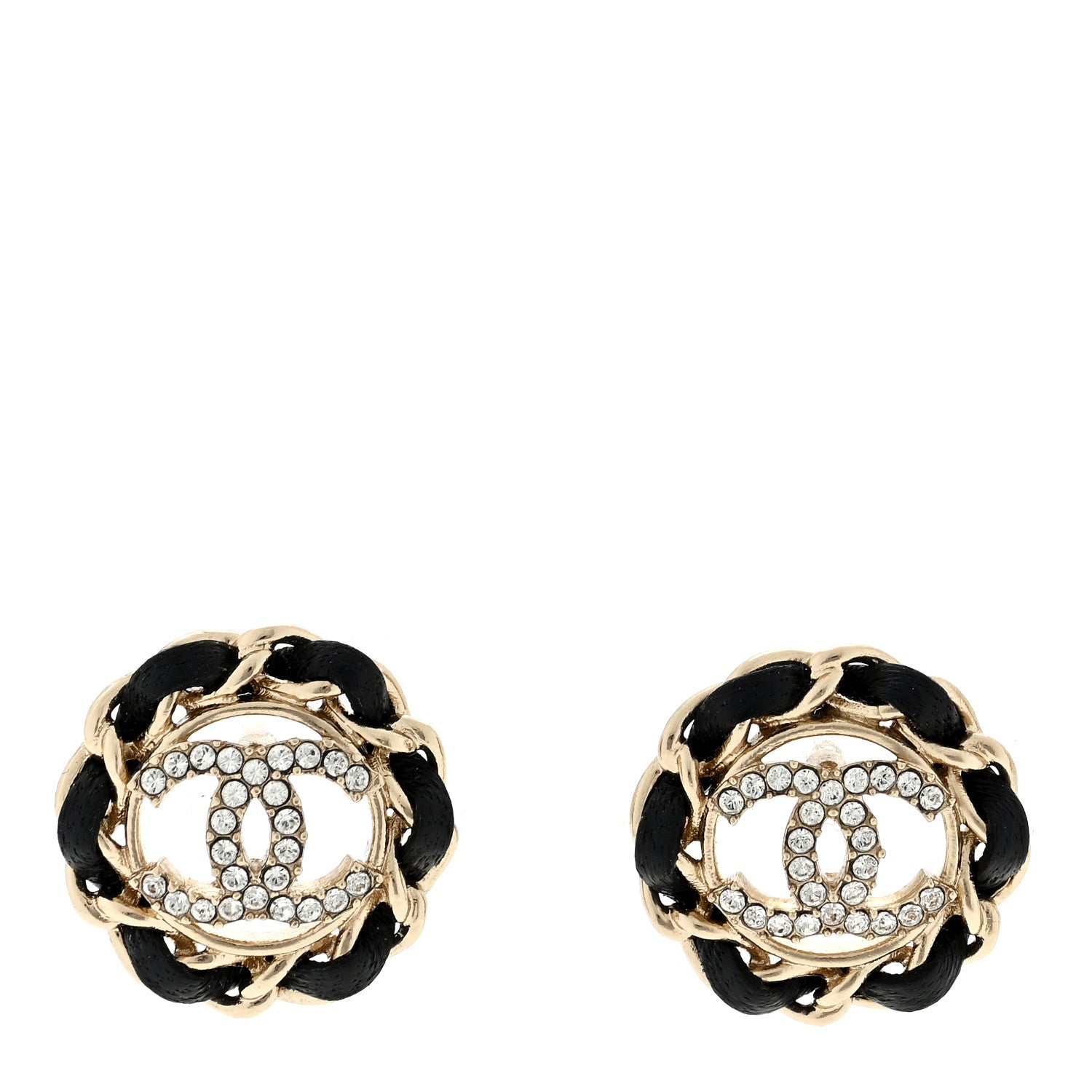 Chanel Crystal Lambskin Chain CC Stud Earrings Black Gold 1 of 4