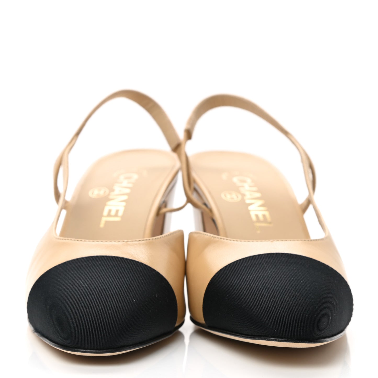 Goatskin Grosgrain Cap Toe CC Slingback Pumps 37.5 Beige Black