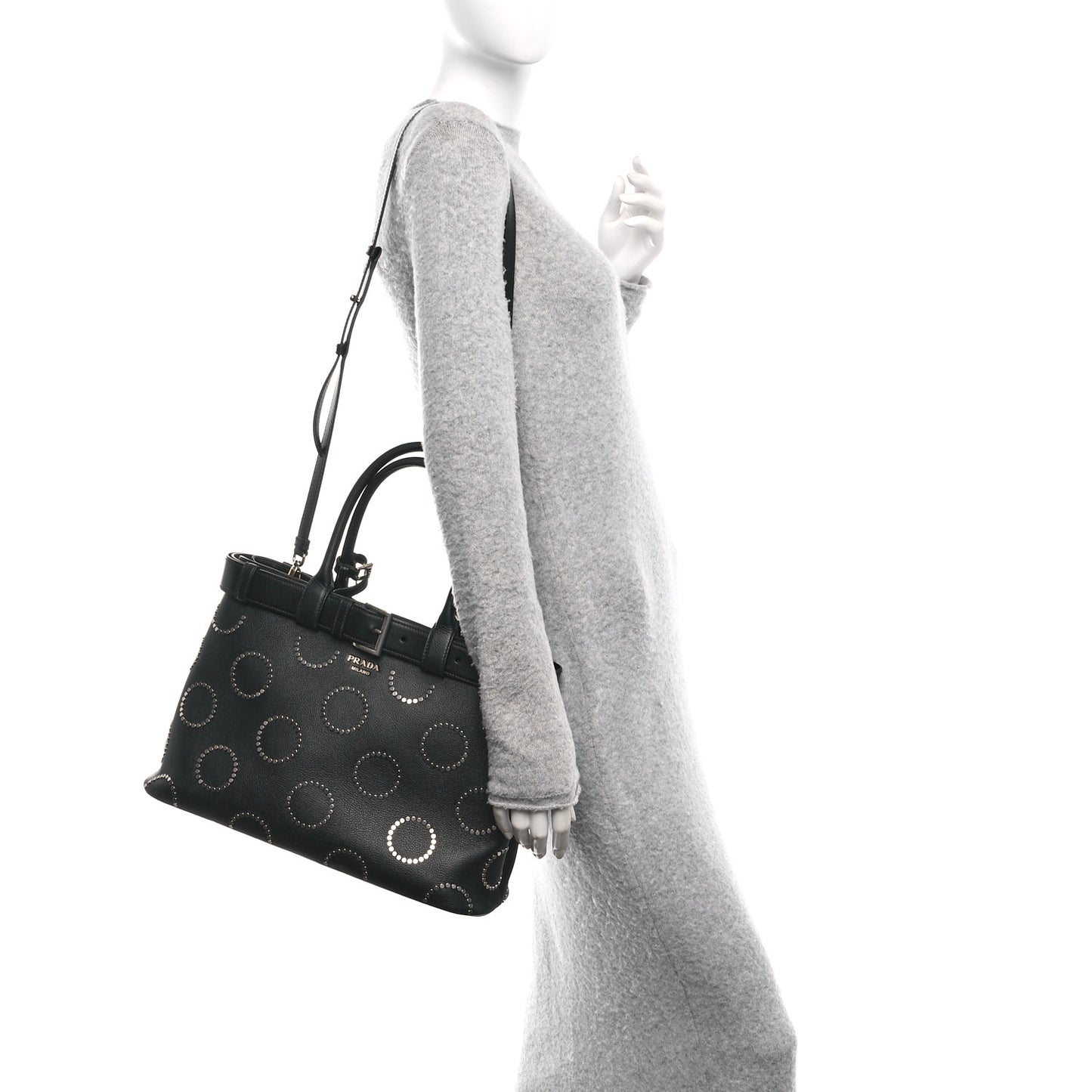 Soft Grain Calfskin Studded Large Buckle Bag With Belt Black
