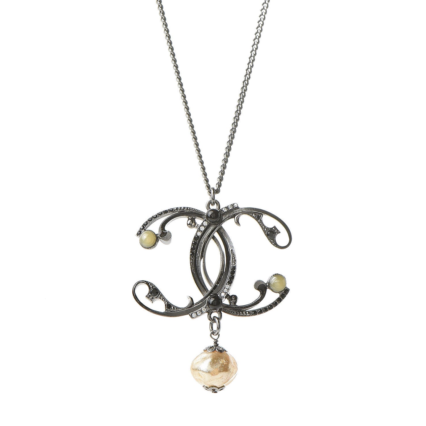 Pearl Beaded Enamel CC Long Necklace Black Silver