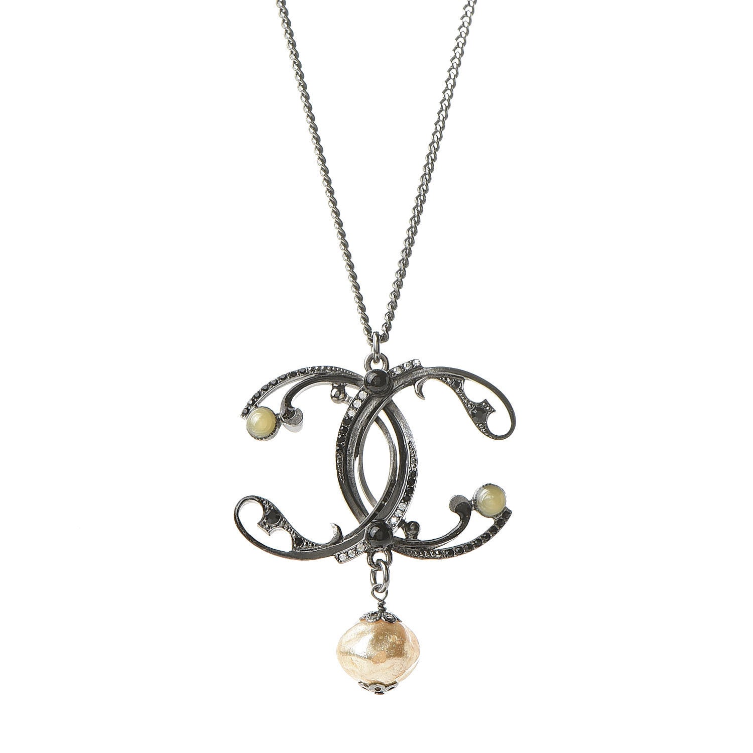 Chanel Pearl Beaded Enamel CC Long Necklace Black Silver 5 of 6